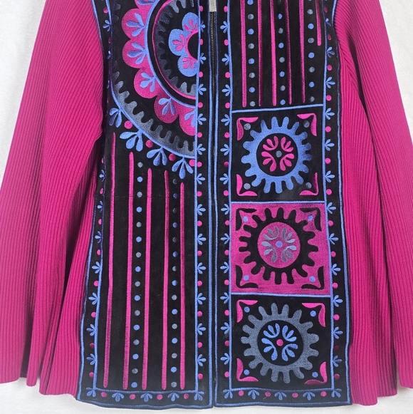Bob Mackie Leather Wearable Art Embroidered Abstract Zip Jacket Ribbed Sleeve 1X - Picture 2 of 13